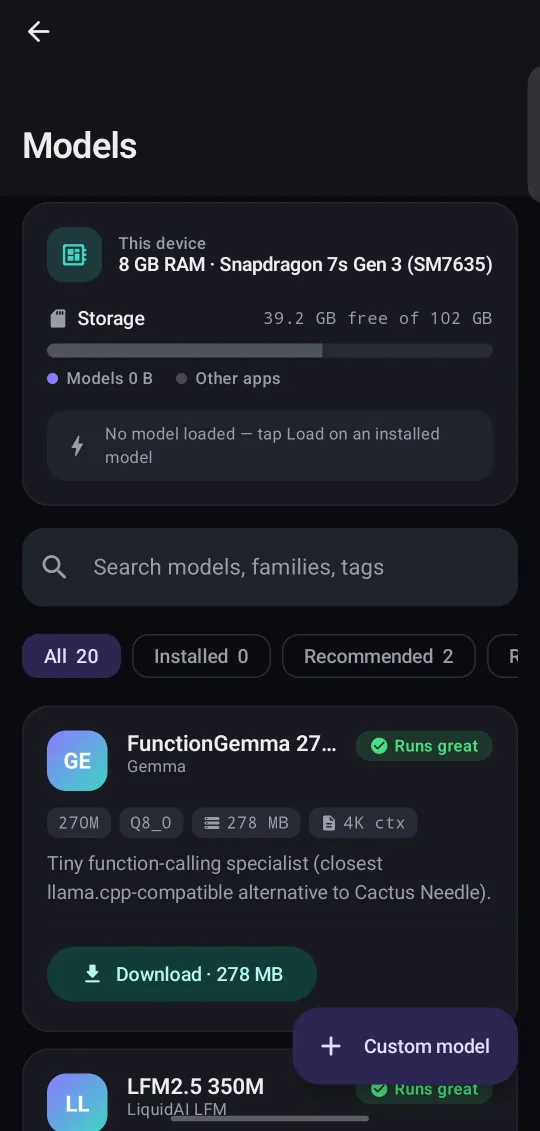 BentoMind Model catalog screen: 20 models with a device-fit badge for your phone.