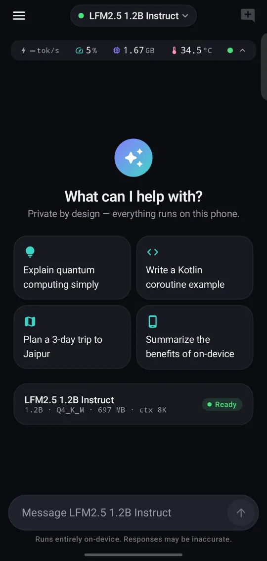 BentoMind Chat screen: A clean start, with live metrics up top.