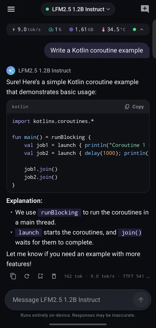 BentoMind Code & Markdown screen: Streaming answers with syntax-highlighted code.