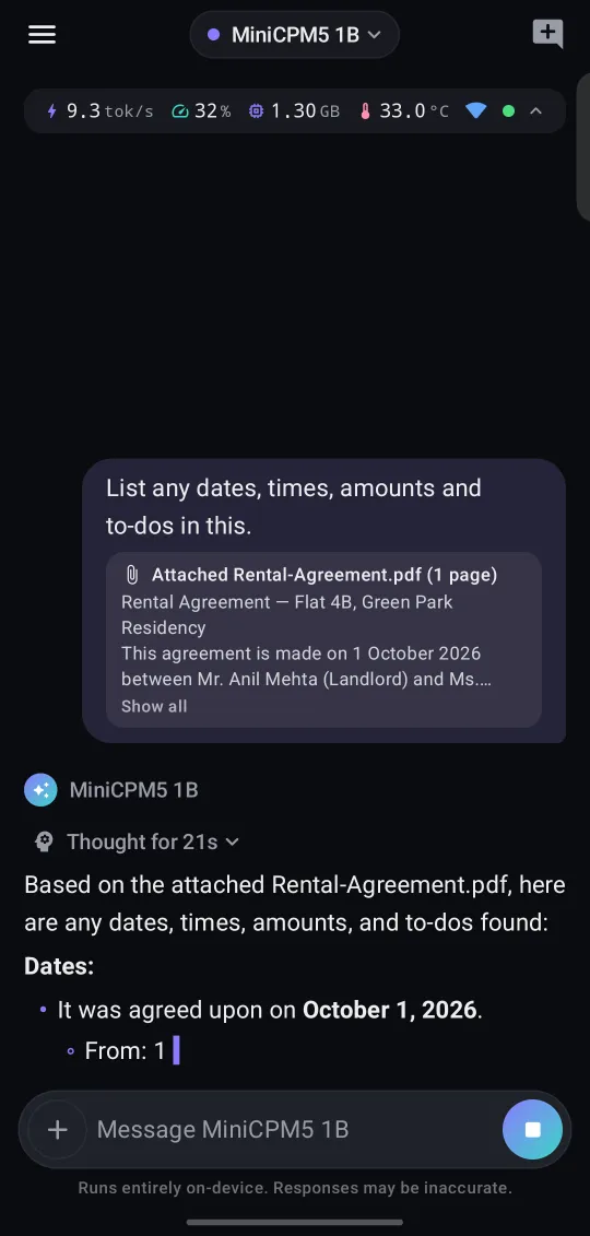 BentoMind on a phone: a user message with Rental-Agreement.pdf attached asking for dates, amounts and to-dos, and MiniCPM5 1B starting its answer.