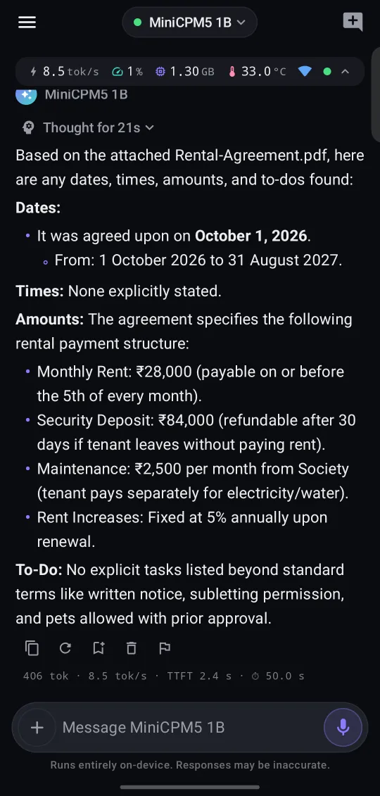 BentoMind PDF answers · New screen: Rent, deposit, dates and terms pulled out by a 1B model.