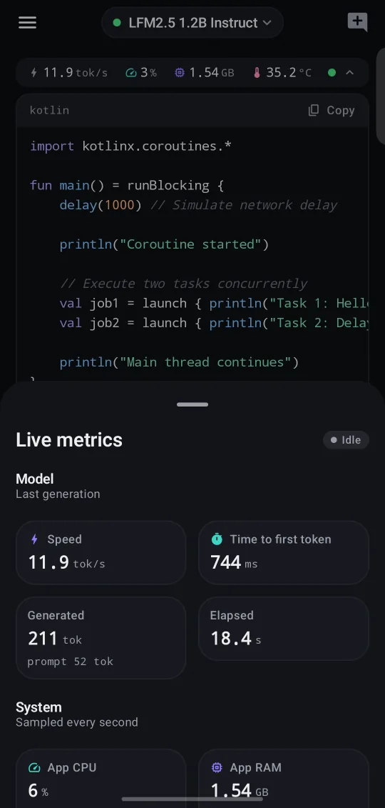 BentoMind Live metrics screen: Speed, first-token time, CPU and RAM per reply.