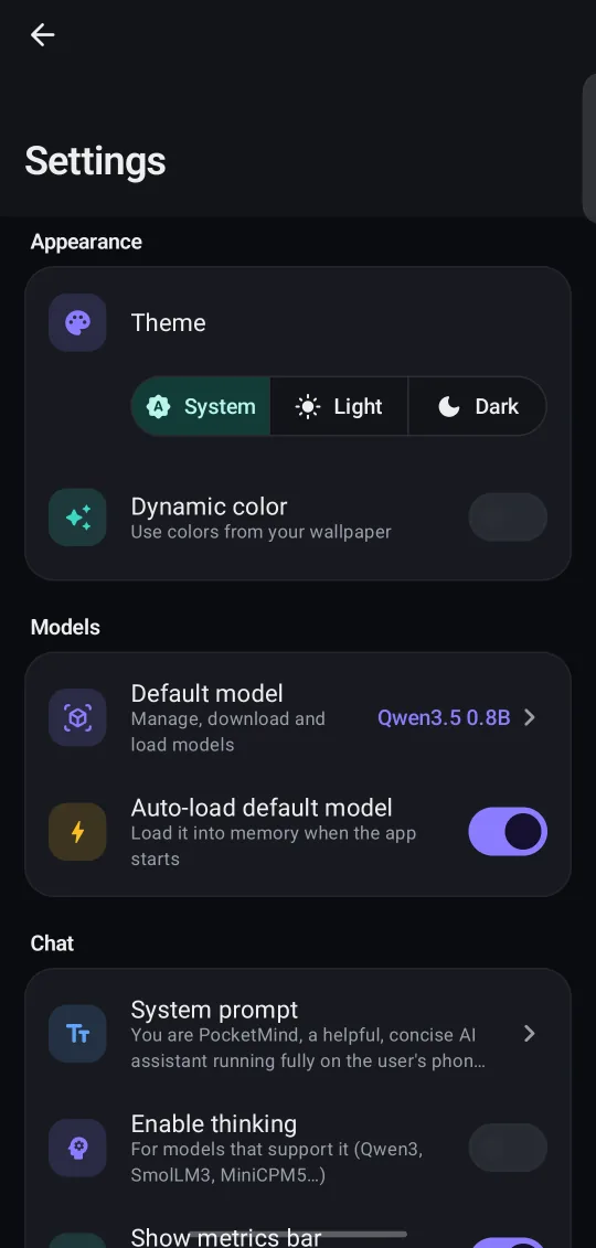 BentoMind Settings screen: Theme, default model, system prompt and more.