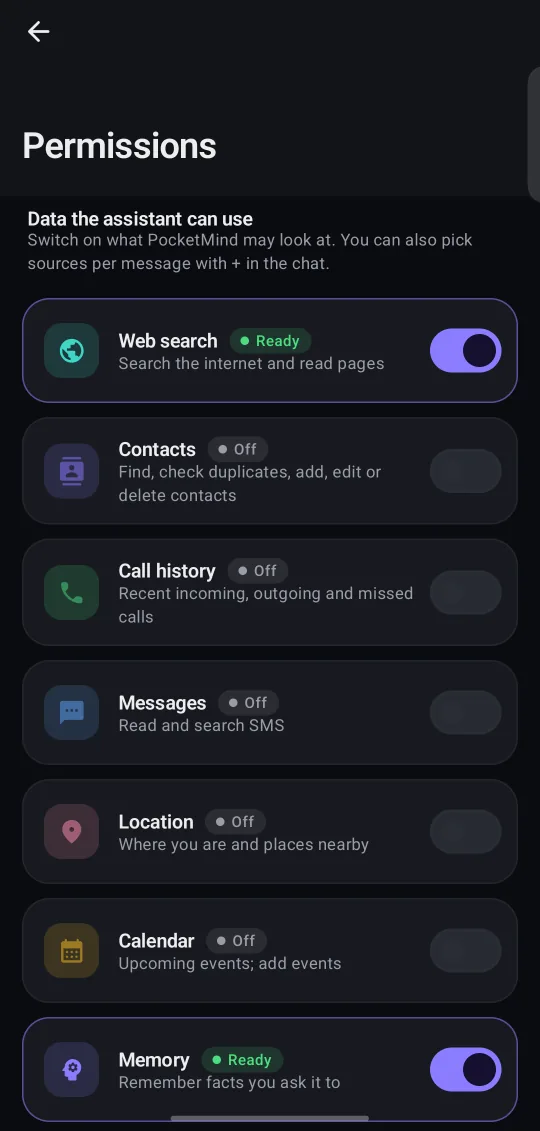 BentoMind Permissions screen: Switch on only the data you want it to use.
