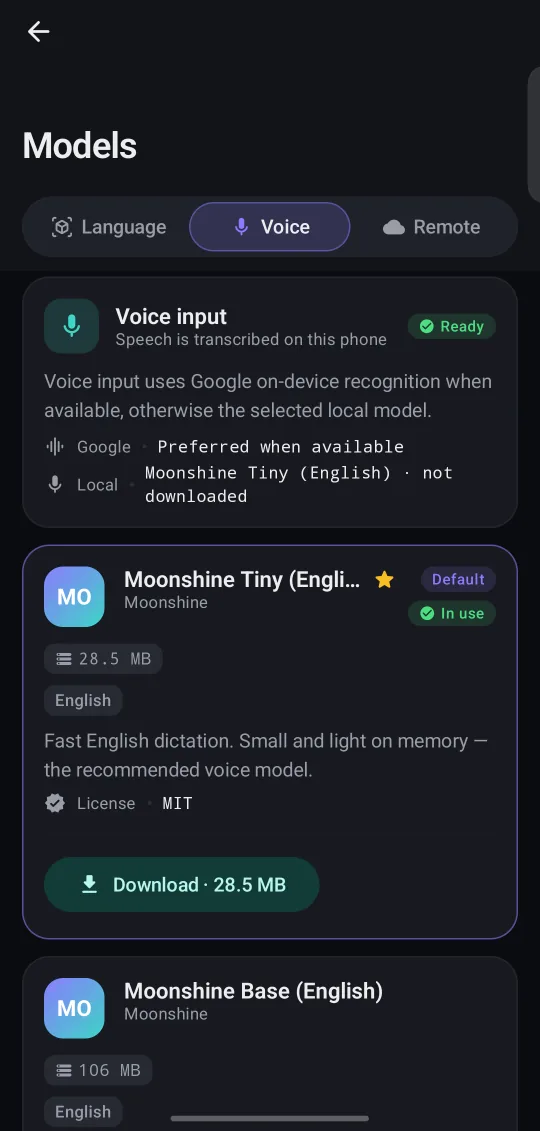 BentoMind Voice models screen: On-device speech recognition, from 28.5 MB.