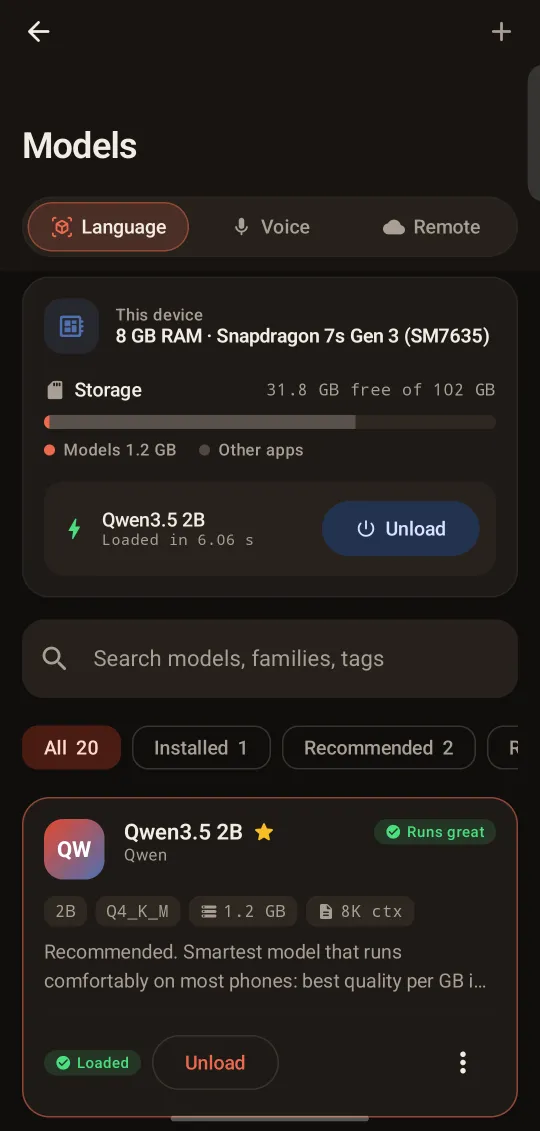 BentoMind Fits your phone screen: Storage, RAM and load time for the model you run.