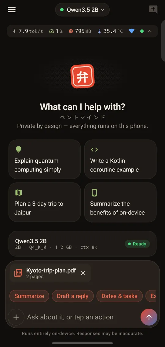 BentoMind One-tap actions screen: Summarize, draft a reply or pull out dates from any file.
