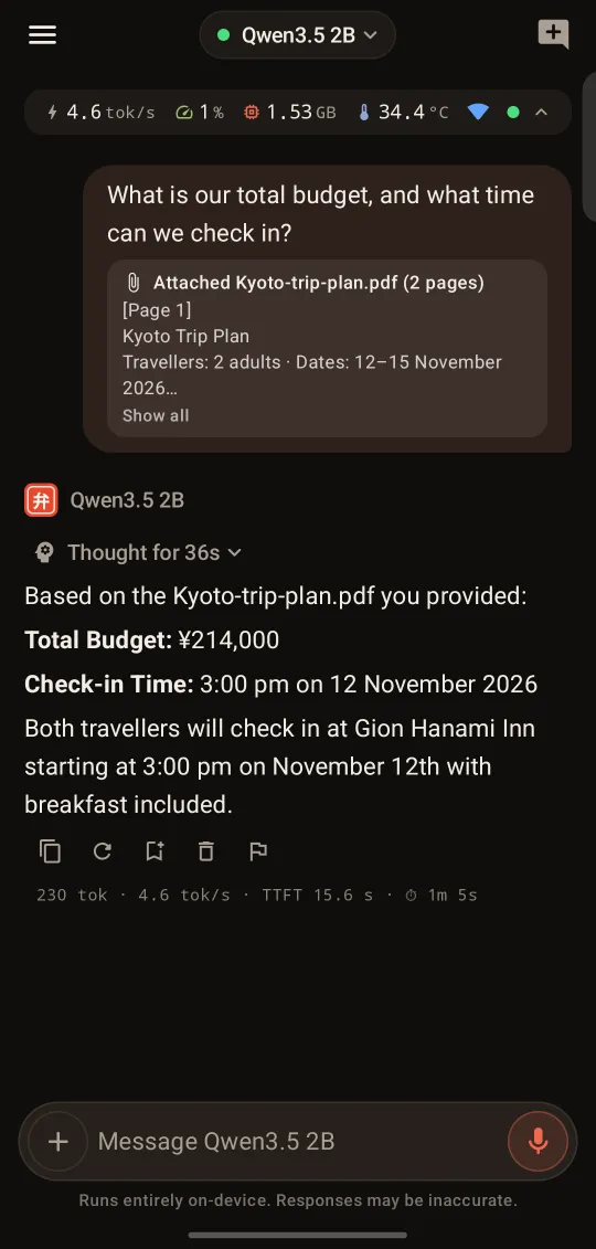BentoMind on a phone: a question about an attached Kyoto-trip-plan.pdf, and Qwen3.5 2B answering with the total budget (¥214,000) and the 3:00 pm check-in time.